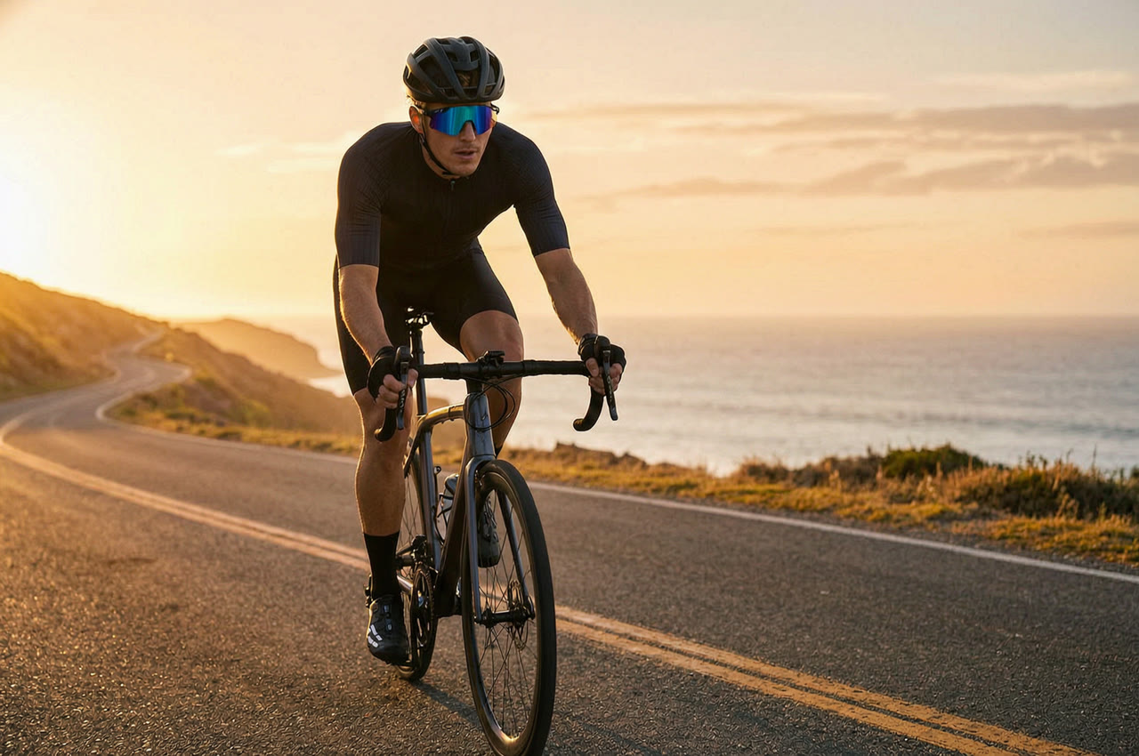 Male cyclist wearing Julong cycling sunglasses with blue mirrored wraparound lenses on a coastal road at golden hour