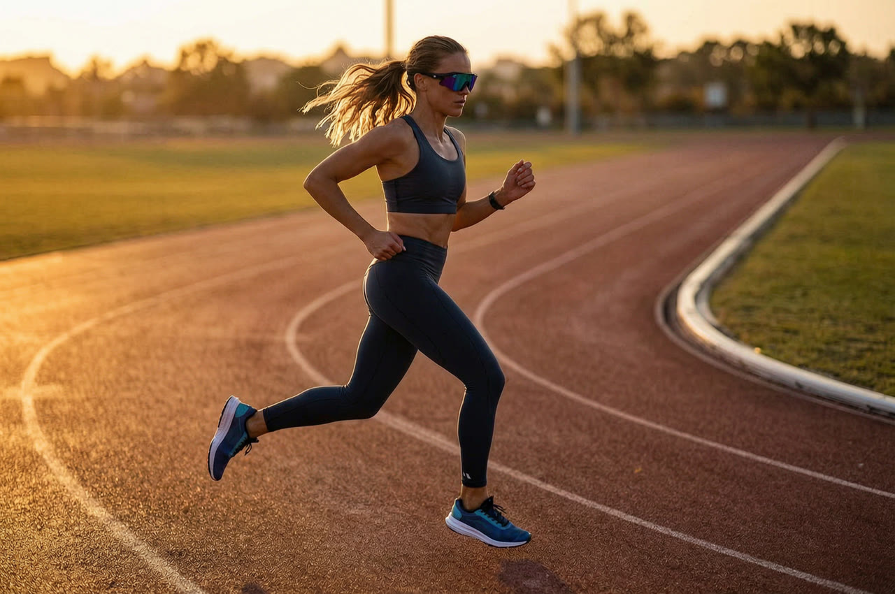 Female runner wearing Julong running sunglasses with blue-purple mirrored lenses on a track at golden hour